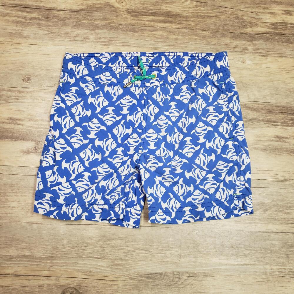 J.Crew Swim Shorts Boys Small Blue Fish Print Mesh Lined Elastic Waist Trunks